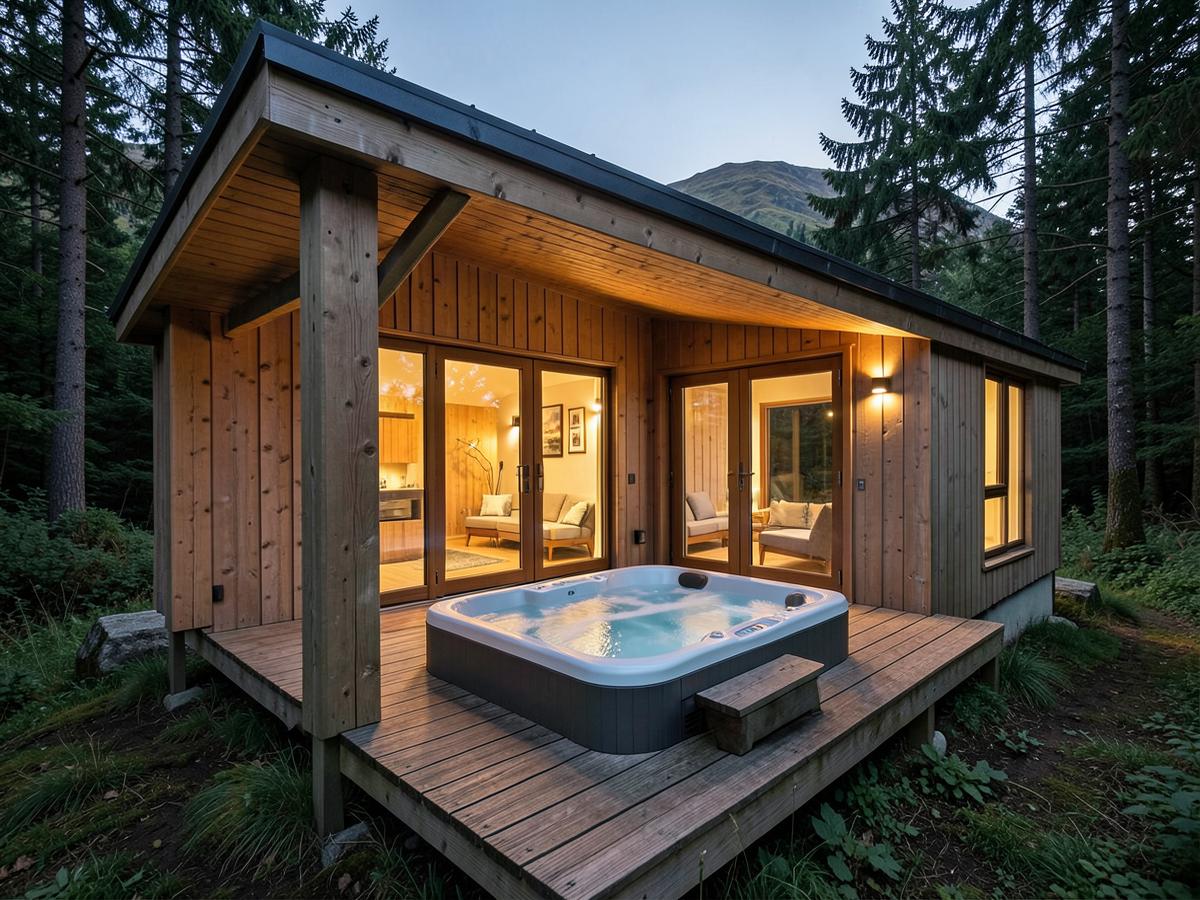 Timber cabin in woodland with a hot tub at dusk
