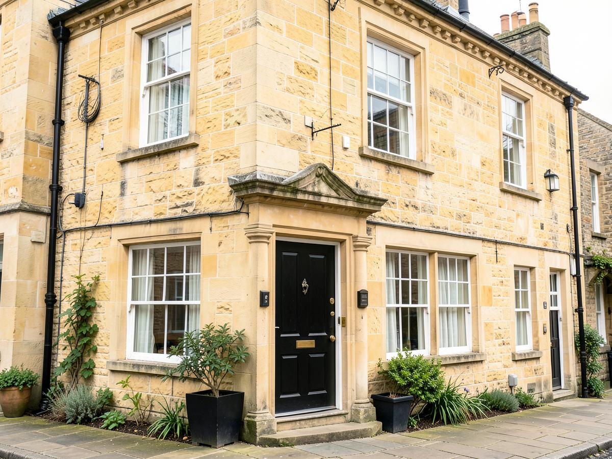 Georgian stone townhouse with a black front door